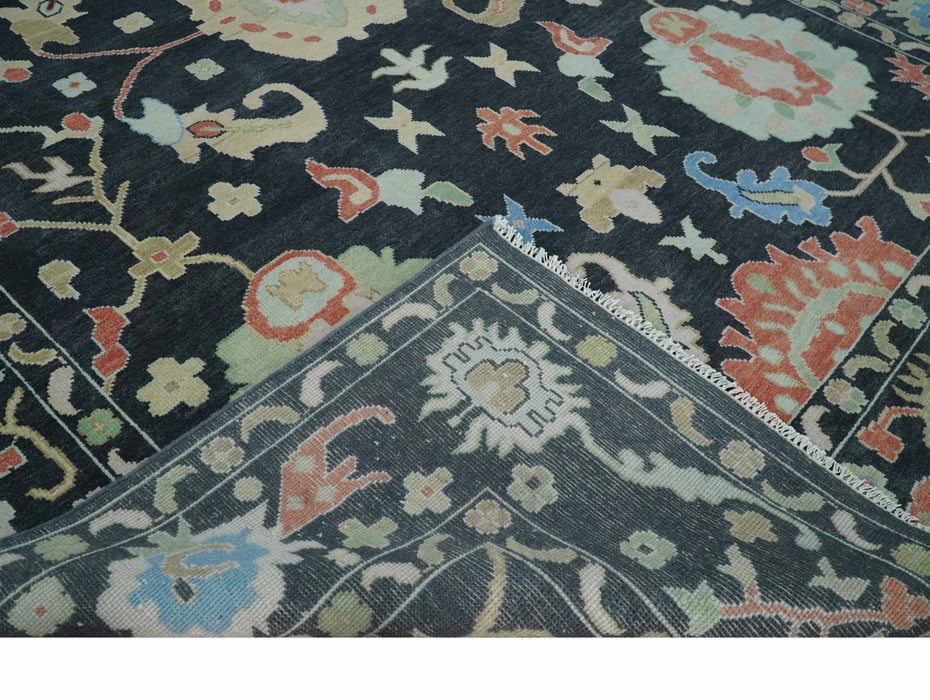 Modern Hand Knotted Black and Multicolor 10x14 Traditional Oushak Wool Rug