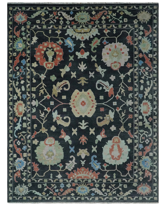 Modern Hand Knotted Black and Multicolor 10x14 Traditional Oushak Wool Rug