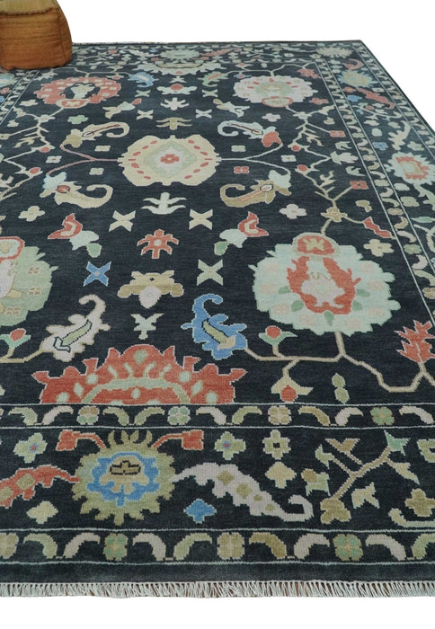 Modern Hand Knotted Black and Multicolor 10x14 Traditional Oushak Wool Rug