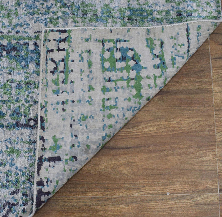 Abstract Ivory, Blue and Moss Green Fine Hand Knotted Art Silk Area Rug