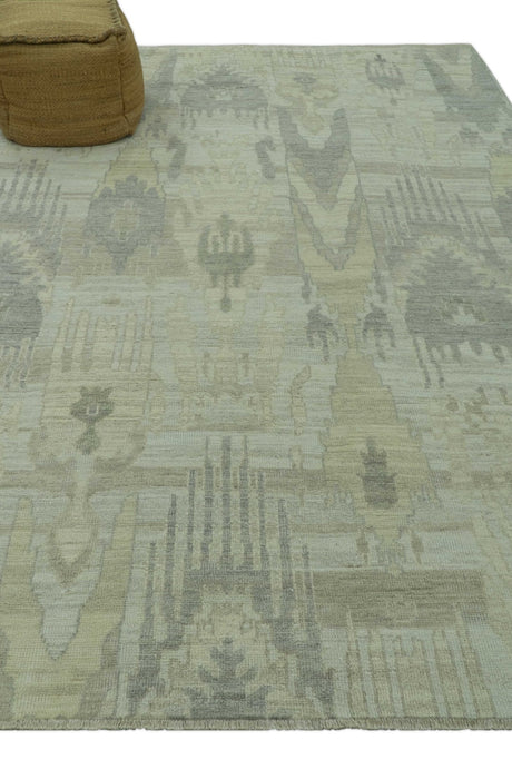 Modern Ikat Design distressed Beige And Charcoal Hand Knotted Custom Made wool rug