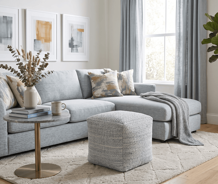 Modern Ivory and Gray Handwoven Viscose Pouf