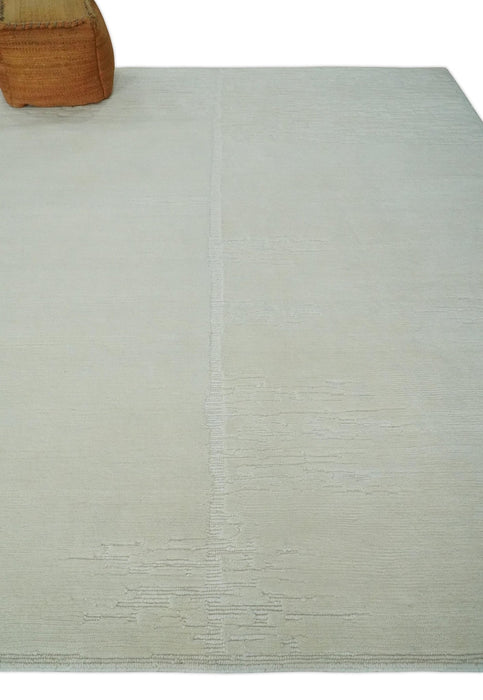 Modern Loop Cut Pile Solid plane Beige Hand Knotted 8x10 Wool Area Rug