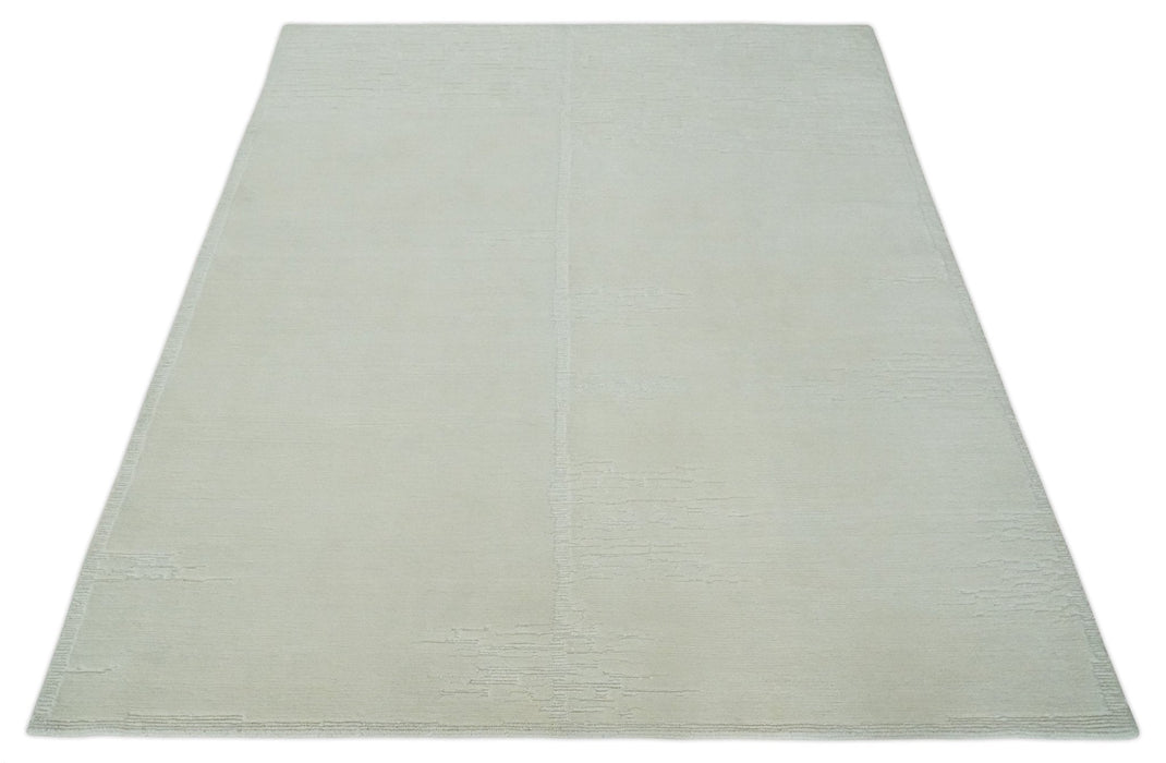 Modern Loop Cut Pile Solid plane Beige Hand Knotted 8x10 Wool Area Rug