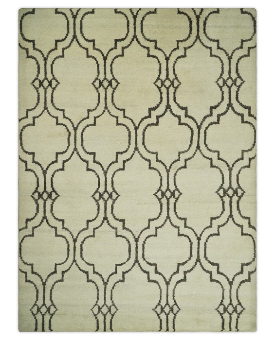 Modern Moroccan Trellis 6x8 Ivory and Brown Natural Farmhouse Wool Hand Woven Rug | HL1