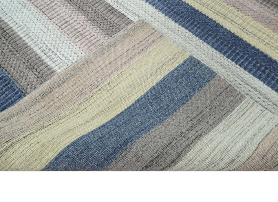 Modern Ombre 8x10 Hand Made Blue, Peach, Brown and Mustard Scandinavian Blended Wool Flatwoven Area Rug | KE39