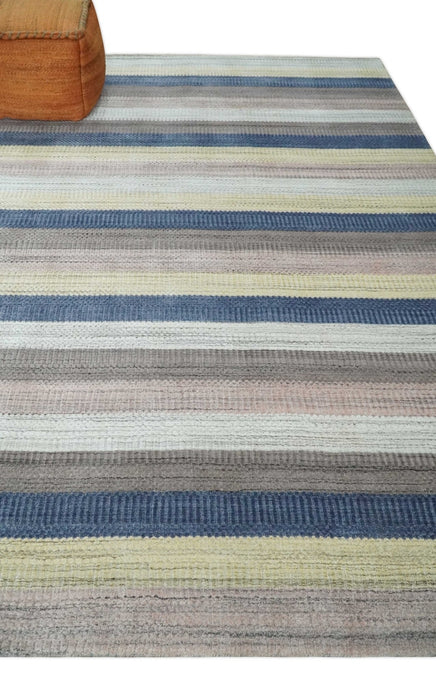 Modern Ombre 8x10 Hand Made Blue, Peach, Brown and Mustard Scandinavian Blended Wool Flatwoven Area Rug | KE39