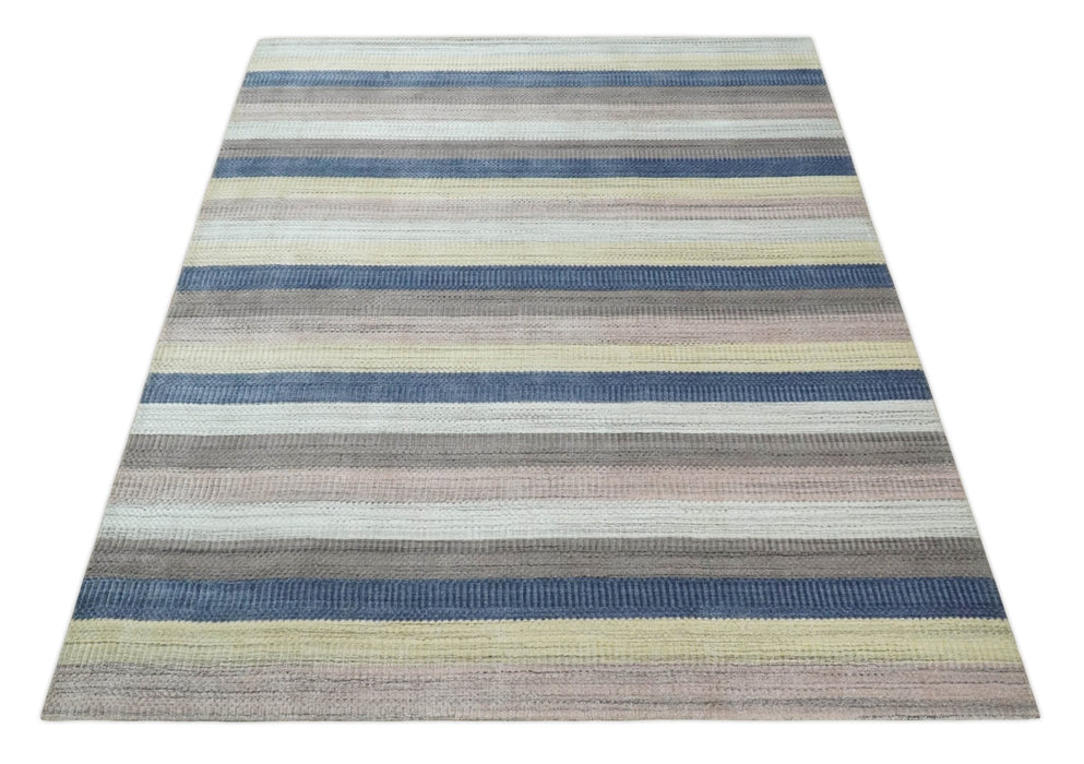Modern Ombre 8x10 Hand Made Blue, Peach, Brown and Mustard Scandinavian Blended Wool Flatwoven Area Rug | KE39