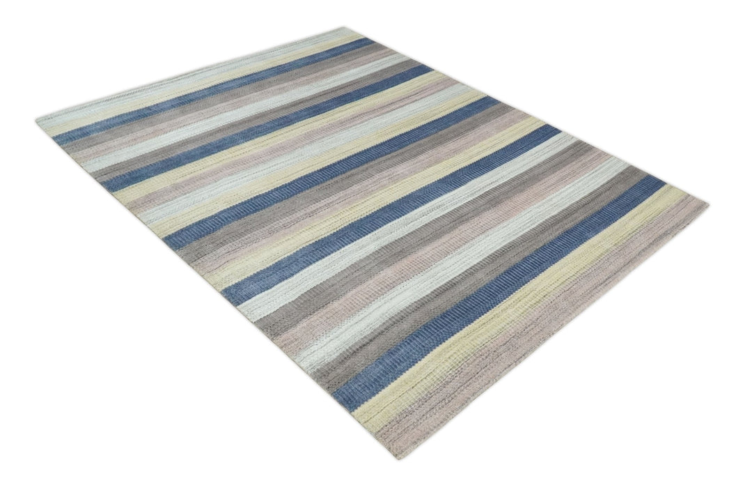Modern Ombre 8x10 Hand Made Blue, Peach, Brown and Mustard Scandinavian Blended Wool Flatwoven Area Rug | KE39