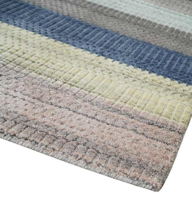 Modern Ombre 8x10 Hand Made Blue, Peach, Brown and Mustard Scandinavian Blended Wool Flatwoven Area Rug | KE39