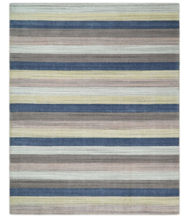 Modern Ombre 8x10 Hand Made Blue, Peach, Brown and Mustard Scandinavian Blended Wool Flatwoven Area Rug | KE39