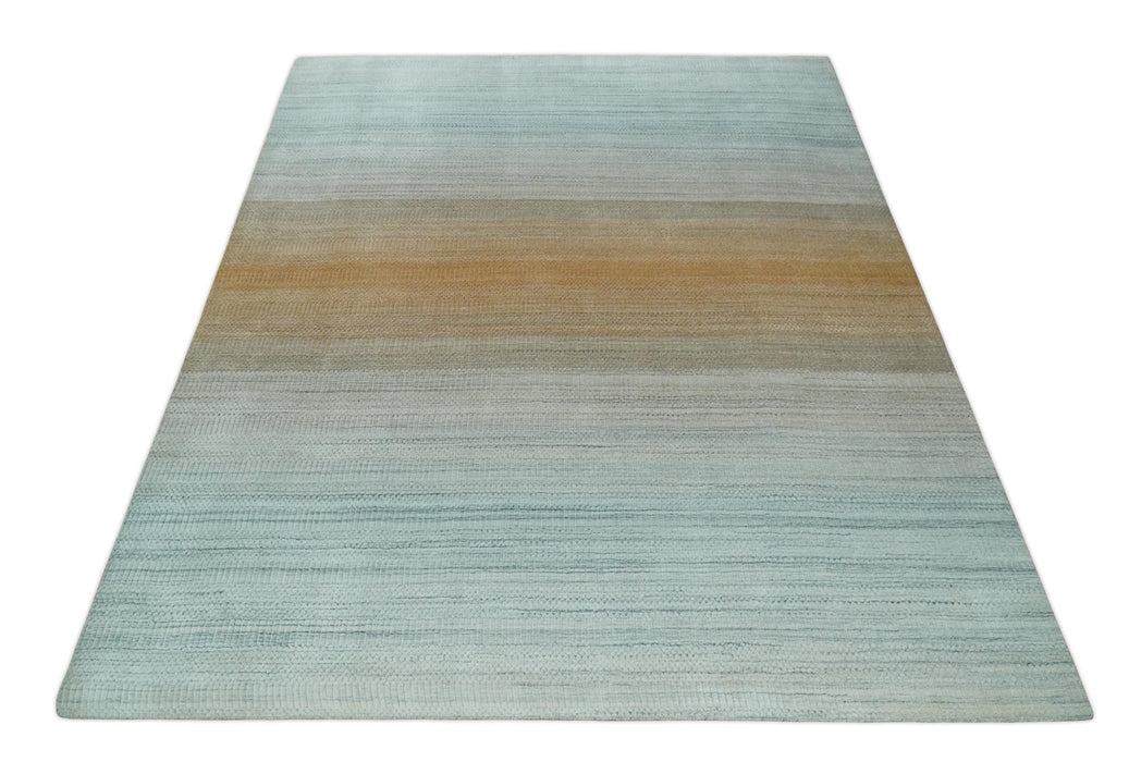 Modern Ombre 8x10 Hand Made Silver, Blue, Gold and Beige Scandinavian Blended Wool Flatwoven Area Rug | KE13