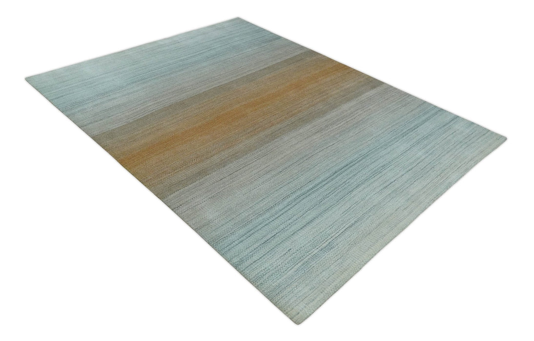 Modern Ombre 8x10 Hand Made Silver, Blue, Gold and Beige Scandinavian Blended Wool Flatwoven Area Rug | KE13