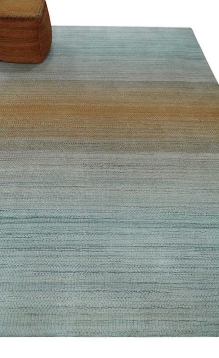 Modern Ombre 8x10 Hand Made Silver, Blue, Gold and Beige Scandinavian Blended Wool Flatwoven Area Rug | KE13