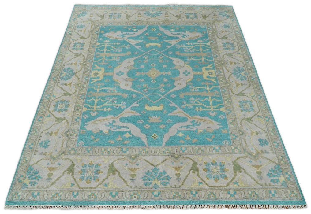 Modern Oushak Hand Knotted 8x10 Persian Blue and Silver Antique Wool Area Rug | TRDCP912810