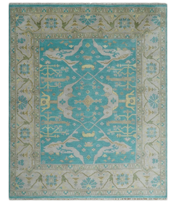 Modern Oushak Hand Knotted 8x10 Persian Blue and Silver Antique Wool Area Rug | TRDCP912810