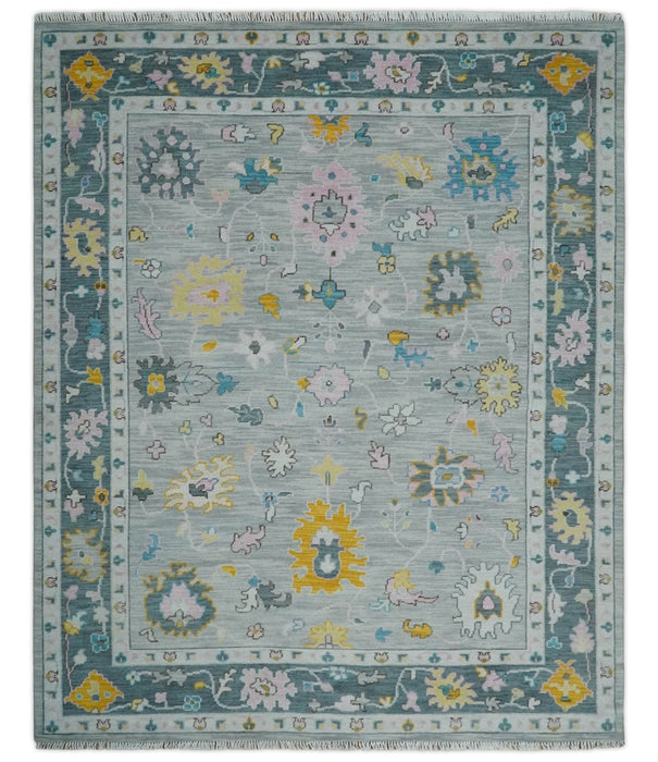 Modern Oushak Multi Size Silver and Teal Vibrant Colorful Hand knotted Wool Area Rug