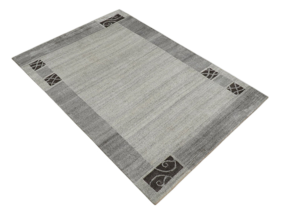 Modern Scandinavian 4.7x6.5 Brown and Silver Wool Hand Woven Area Rug | HL47