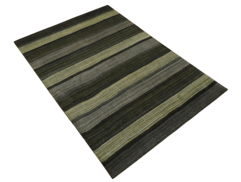Modern Scandinavian Stripes 5x7 Antique Moss Green and Gray Wool Hand Woven Area Rug | HL20