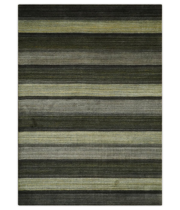 Modern Scandinavian Stripes 5x7 Antique Moss Green and Gray Wool Hand Woven Area Rug | HL20