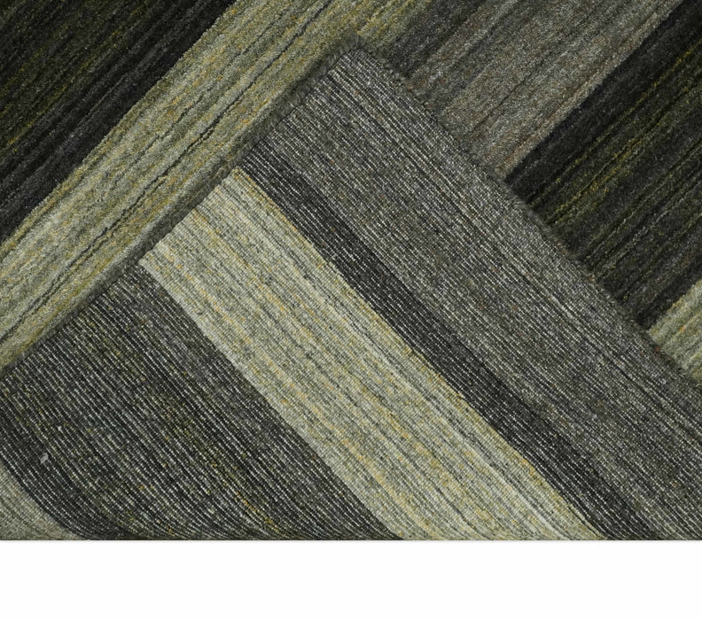 Modern Scandinavian Stripes 5x7 Antique Moss Green and Gray Wool Hand Woven Area Rug | HL20