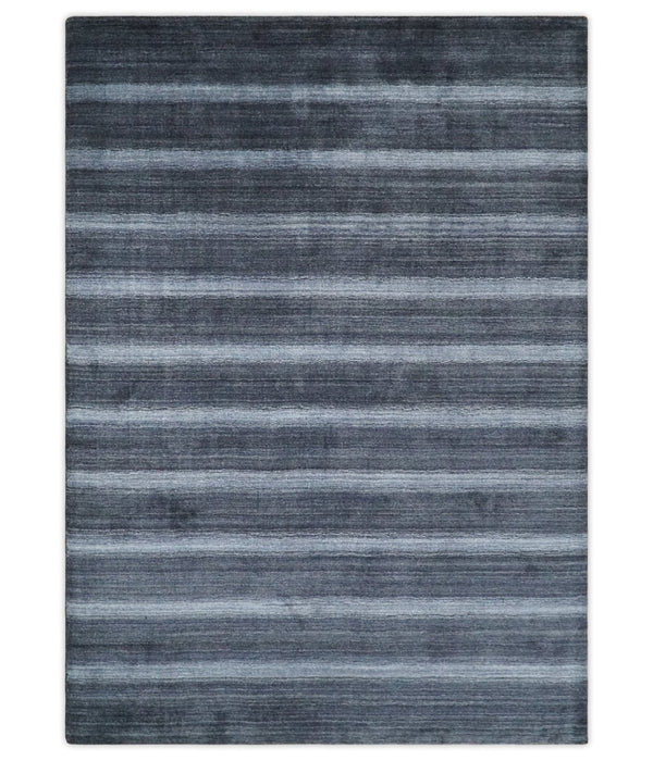 Modern Scandinavian Stripes 5x7 Blue and Silver Wool Hand Woven Area Rug | HL26