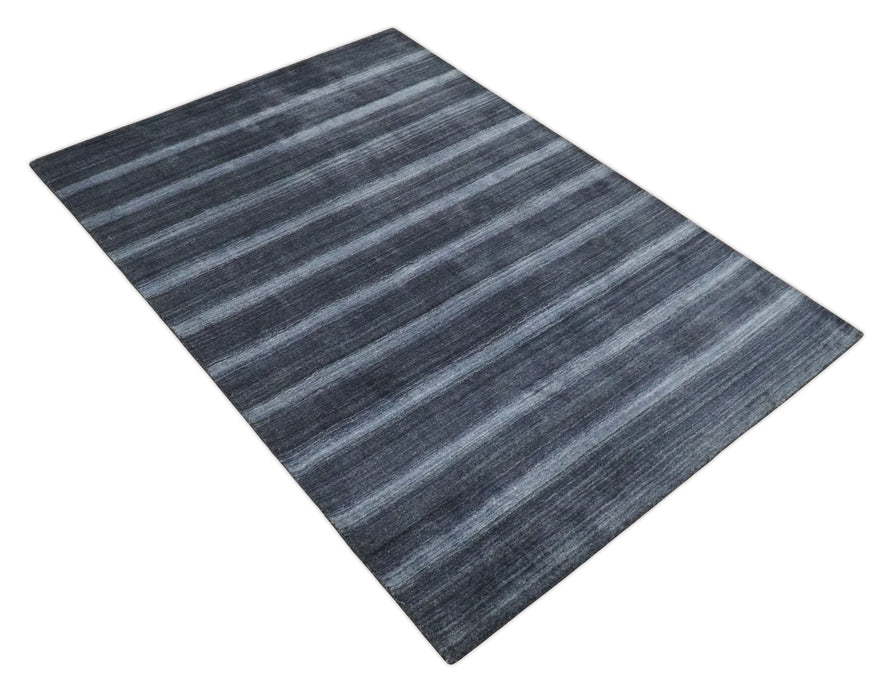 Modern Scandinavian Stripes 5x7 Blue and Silver Wool Hand Woven Area Rug | HL26