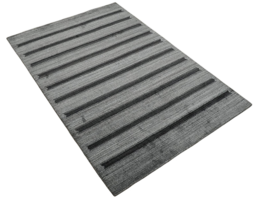 Modern Scandinavian Stripes Style 5x7 Silver and Gray Wool Hand Woven Area Rug | HL11