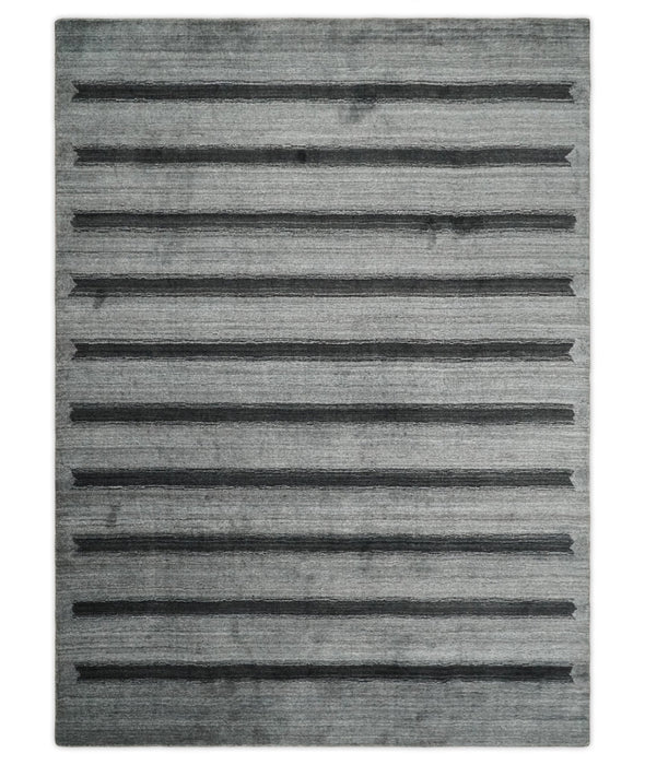 Modern Scandinavian Stripes Style 5x7 Silver and Gray Wool Hand Woven Area Rug | HL11
