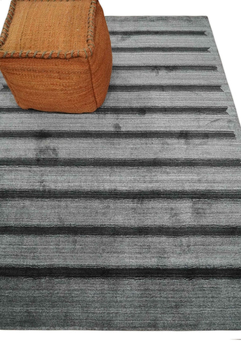 Modern Scandinavian Stripes Style 5x7 Silver and Gray Wool Hand Woven Area Rug | HL11