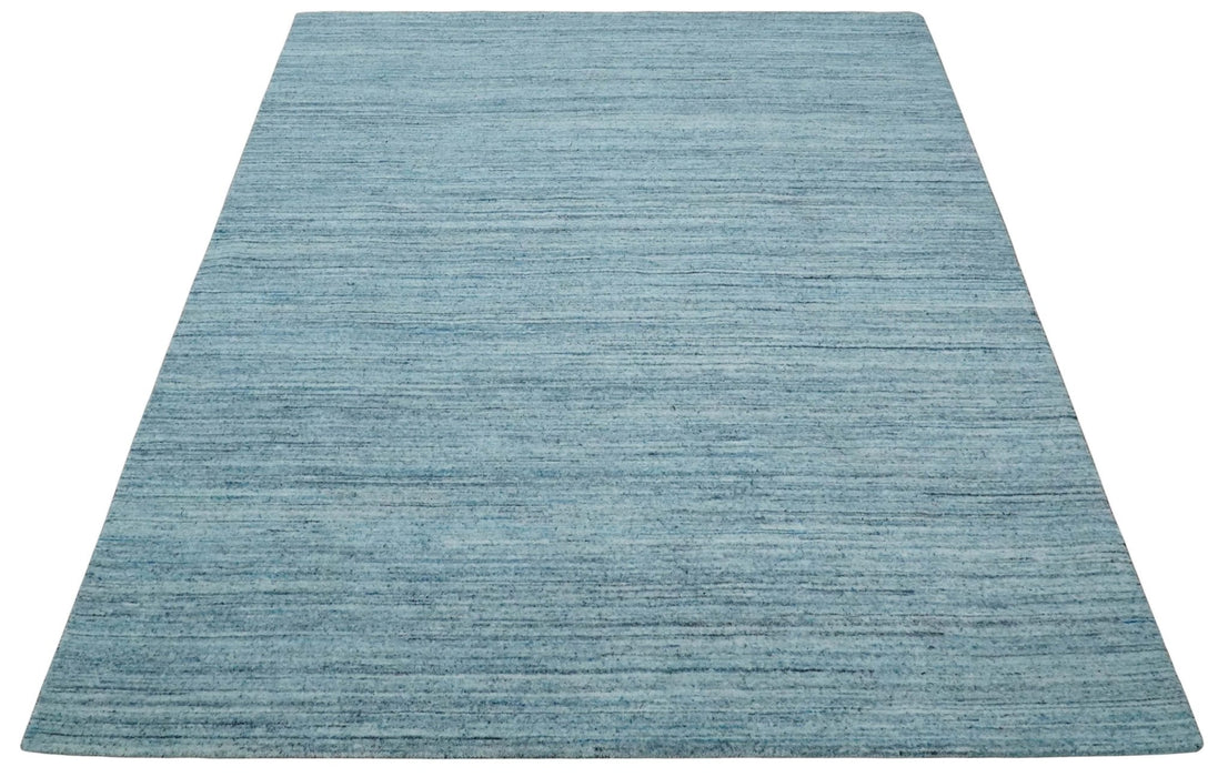 Modern Solid Handloom Aqua and Silver 8x10 Contemporary Wool Area Rug