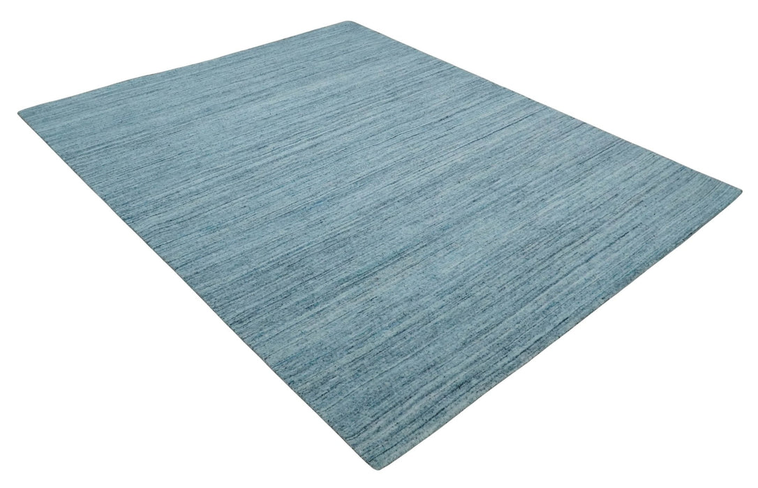 Modern Solid Handloom Aqua and Silver 8x10 Contemporary Wool Area Rug