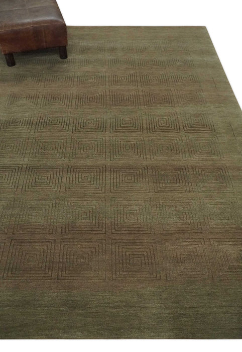 Modern Solid Olive Geometrical Pattern Contemporary Handloom 5x7 wool and Art silk Area Rug
