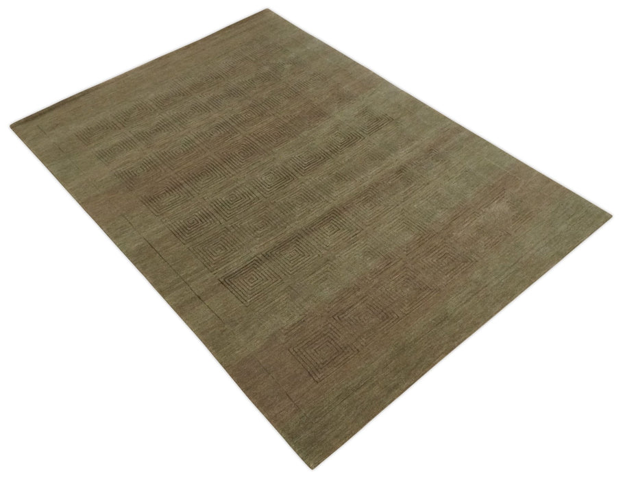 Modern Solid Olive Geometrical Pattern Contemporary Handloom 5x7 wool and Art silk Area Rug