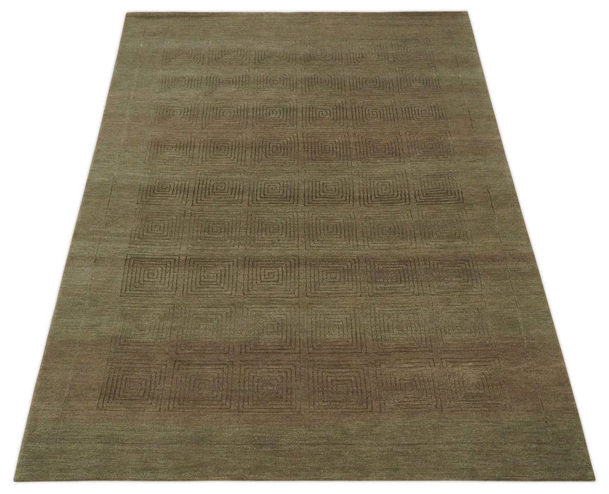 Modern Solid Olive Geometrical Pattern Contemporary Handloom 5x7 wool and Art silk Area Rug