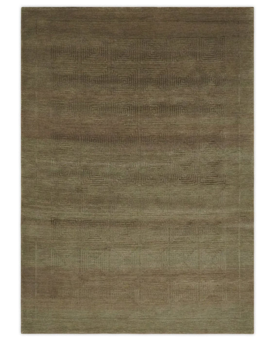 Modern Solid Olive Geometrical Pattern Contemporary Handloom 5x7 wool and Art silk Area Rug