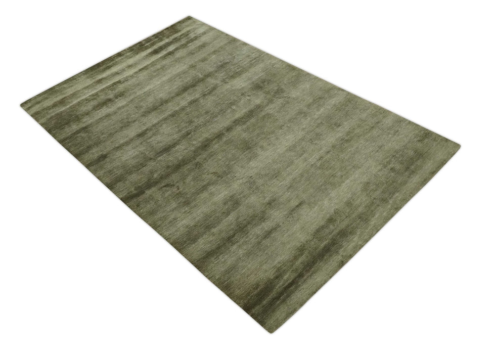 Modern Solid Plain Olive Hand Knotted 6x9 Bamboo Silk area Rug