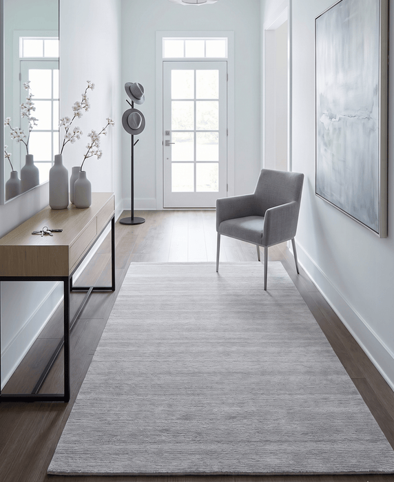 Modern Solid Silver Hand Woven Wool and Viscose Rug