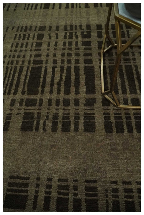 Modern Stripes Design Charcoal and Greenish Brown 6x8 Hand knotted wool area Rug