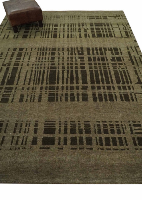 Modern Stripes Design Charcoal and Greenish Brown 6x8 Hand knotted wool area Rug