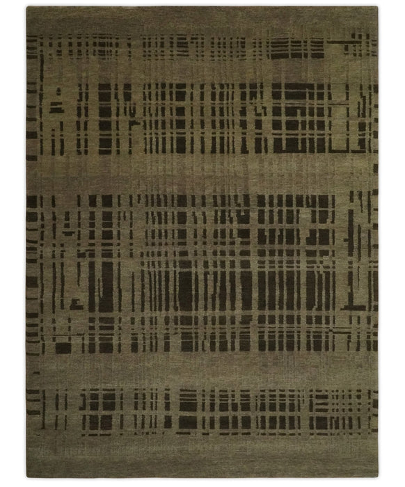 Modern Stripes Design Charcoal and Greenish Brown 6x8 Hand knotted wool area Rug