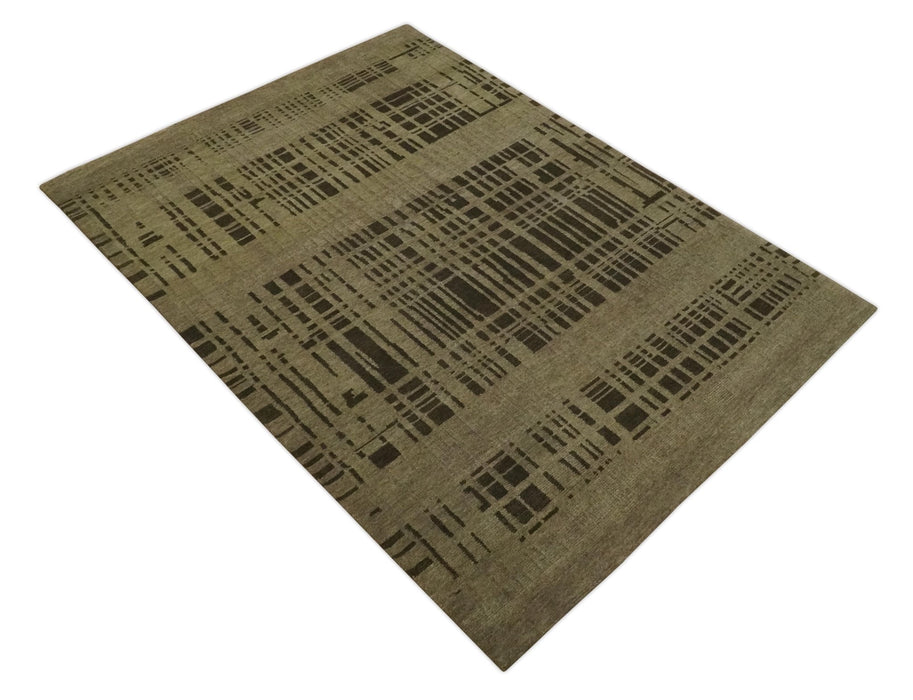 Modern Stripes Design Charcoal and Greenish Brown 6x8 Hand knotted wool area Rug