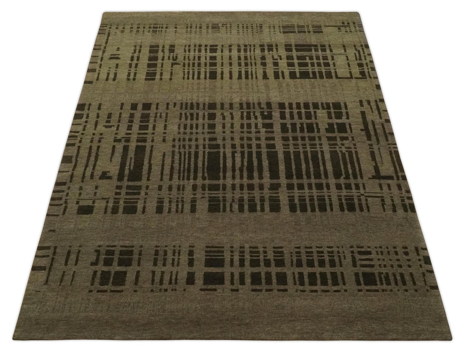Modern Stripes Design Charcoal and Greenish Brown 6x8 Hand knotted wool area Rug