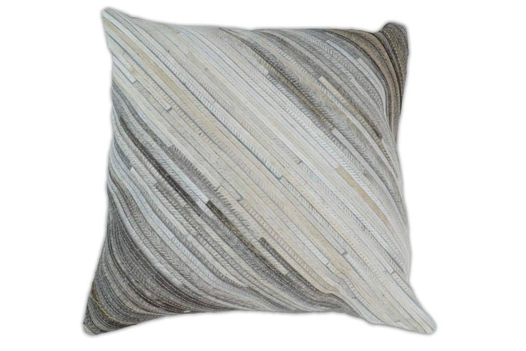 Modern Stripes Ivory and Gray Genuine Leather Accent Pillow, Cushion | PL17