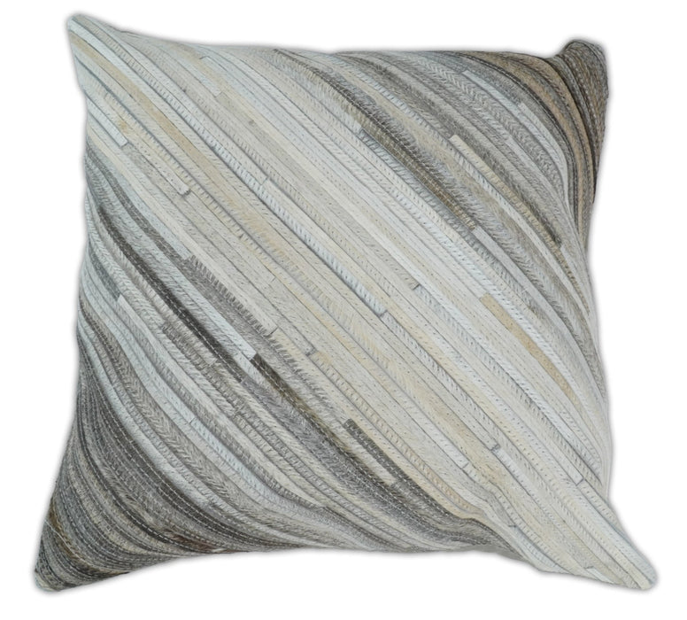Modern Stripes Ivory and Gray Genuine Leather Accent Pillow, Cushion | PL17