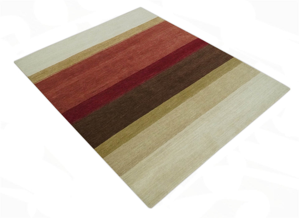 Modern Stripes Ivory, Rust, Maroon and Brown Hand loom 5.6x6.6 Wool Area Rug