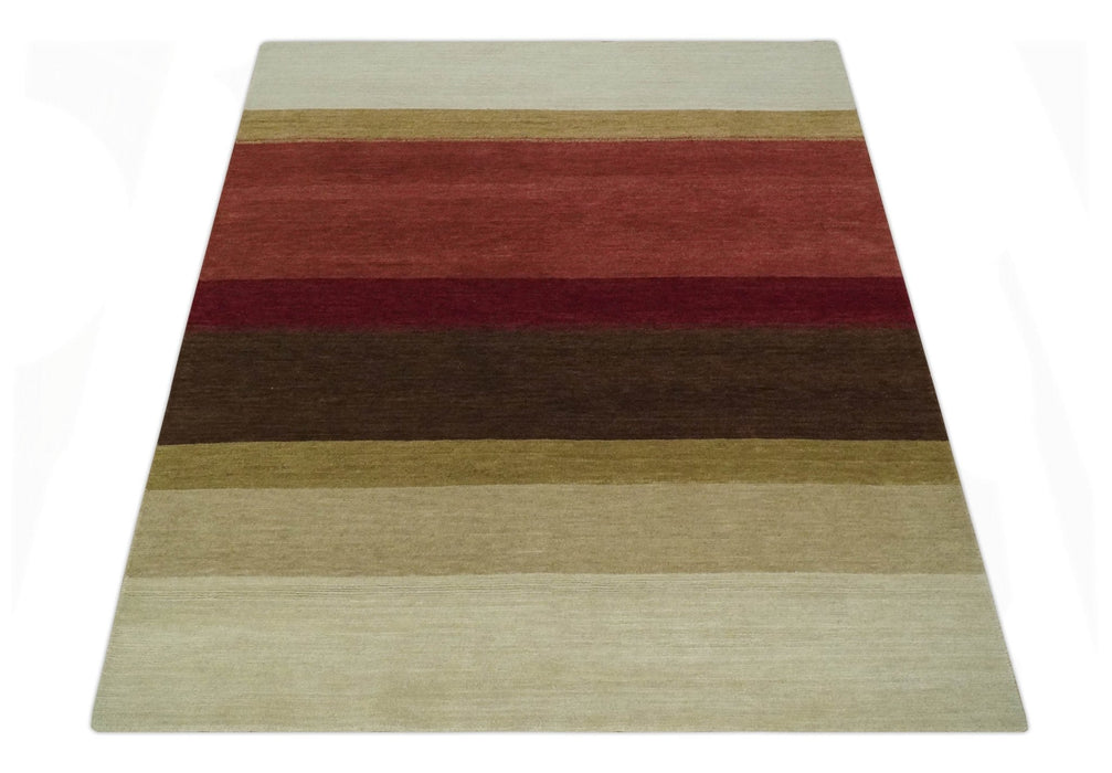 Modern Stripes Ivory, Rust, Maroon and Brown Hand loom 5.6x6.6 Wool Area Rug