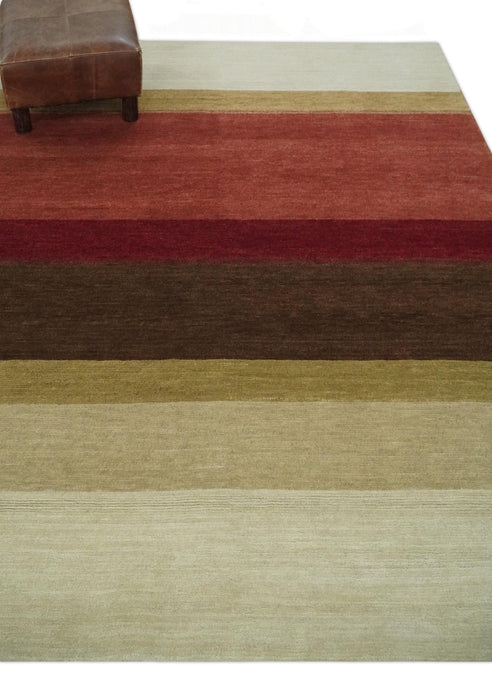 Modern Stripes Ivory, Rust, Maroon and Brown Hand loom 5.6x6.6 Wool Area Rug