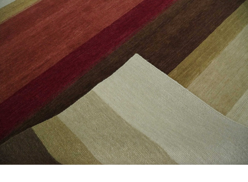 Modern Stripes Ivory, Rust, Maroon and Brown Hand loom 5.6x6.6 Wool Area Rug