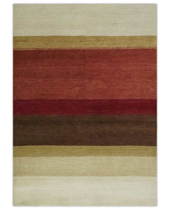 Modern Stripes Ivory, Rust, Maroon and Brown Hand loom 5.6x6.6 Wool Area Rug